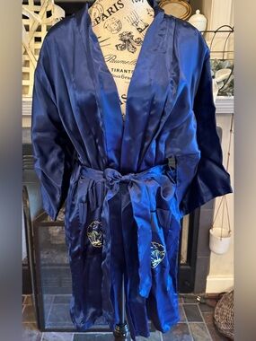 VTG Health Shanghai Blue Rayon Satin Embroidered Kimono Belt Robe 1970s Vintage